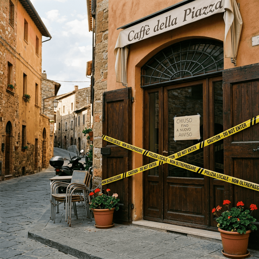 Entrance of Caffè della Piazza with caution tape and closed sign in Italian